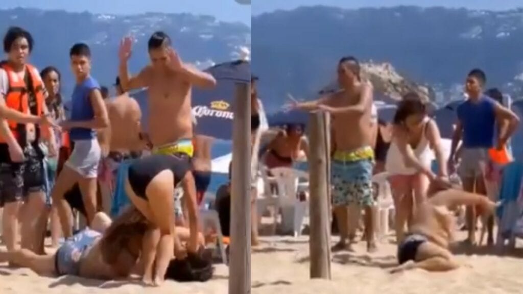 En redes sociales circula el video de una pelea campal en una playa de Acapulco, Guerrero, que comienza después de que una mujer lanza una chancla a su esposo y al fallarle la puntería golpea a otra persona