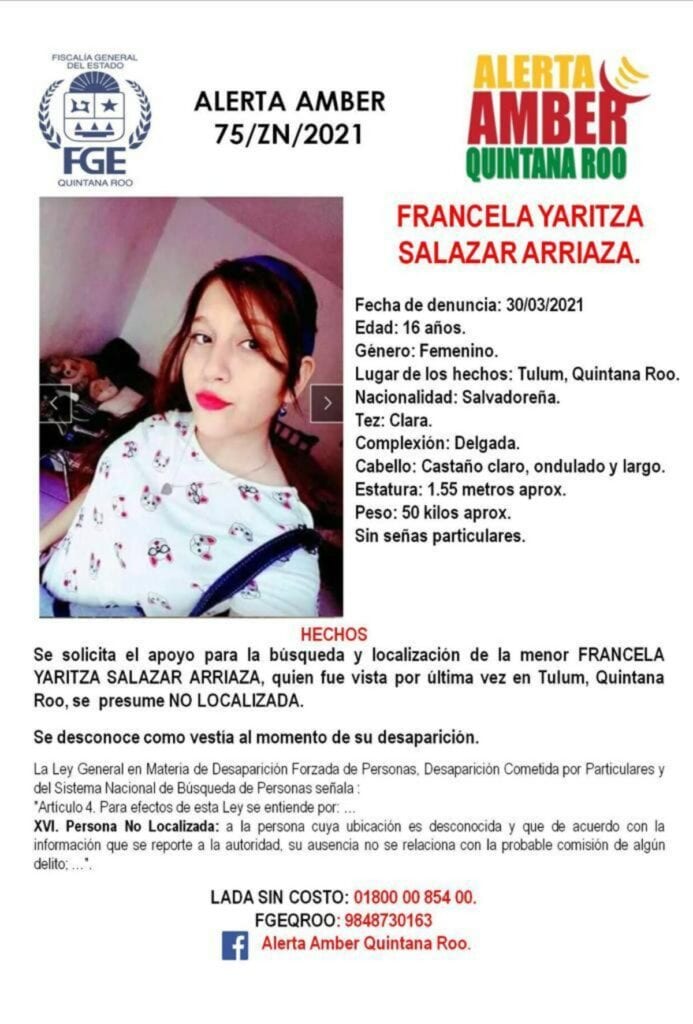 Francela Yaritza Salazar, hija de Victoria Esperanza, migrante salvadoreña asesinada por policías de Tulum, se encuentra como no localizada.