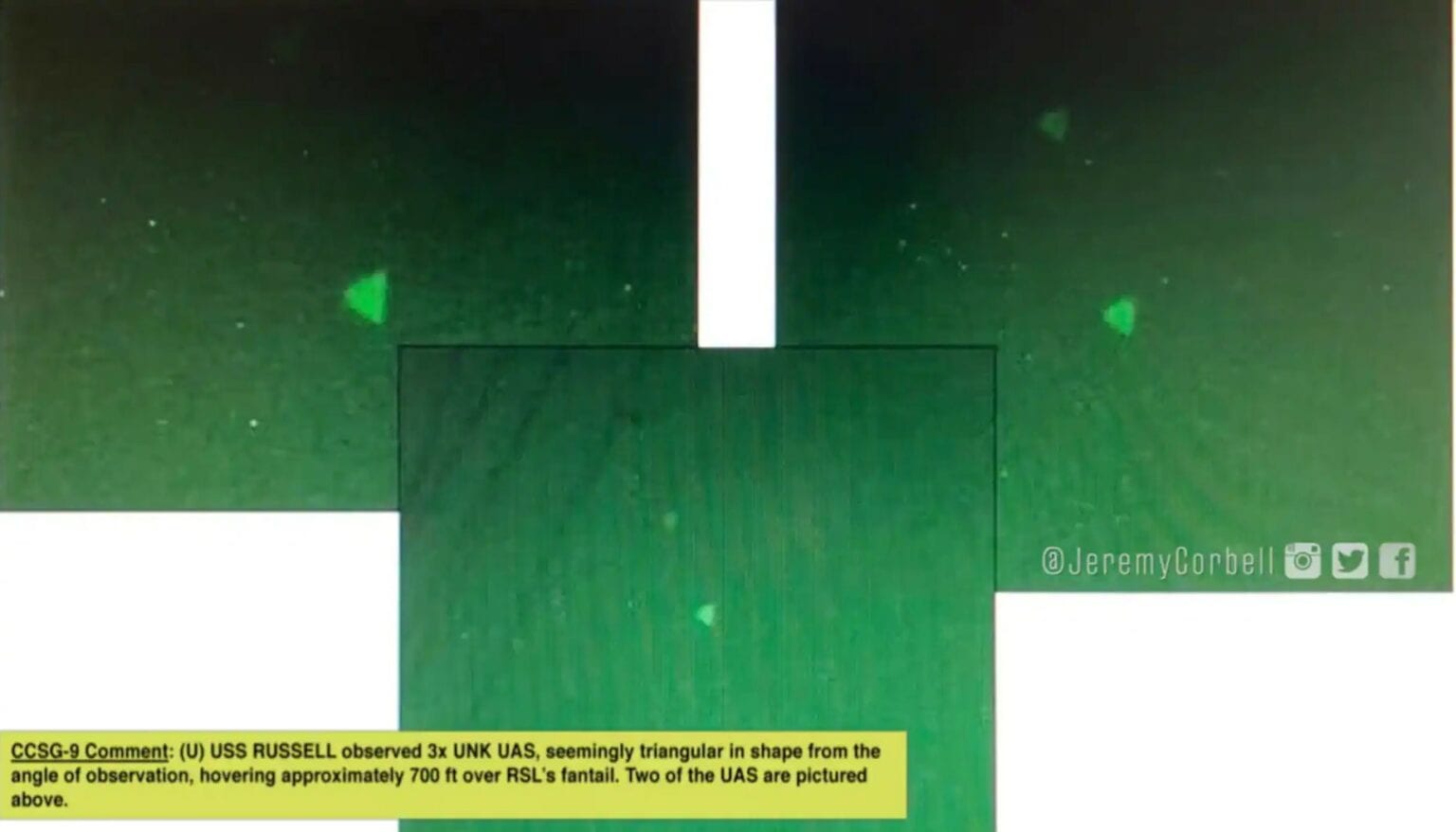 El documentalista Jeremy Corbell publicó en redes un video de visión nocturna captado por un destructor de la Armada de Estados Unidos en la que aparece un objetos volador, ovni, misterioso cerca de buques de guerra.