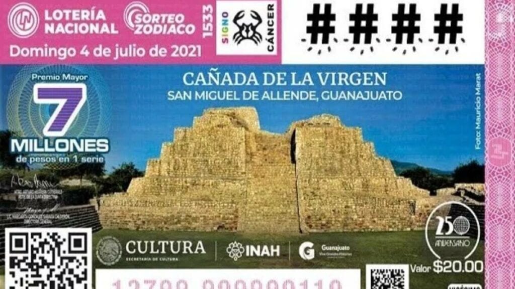 La imagen de la Zona Arqueológica Cañada de la Virgen, en San Miguel de Allende, Guanajuato, fue presentada hoy en el billete del Sorteo Zodiaco No.1533, de la Lotería Nacional