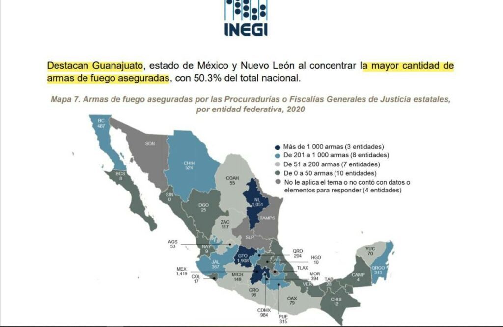 Guanajuato se ubica entre las primeras tres entidades del país con mayor cantidad de armas de fuego aseguradas, con el 50.3 por ciento del total nacional.