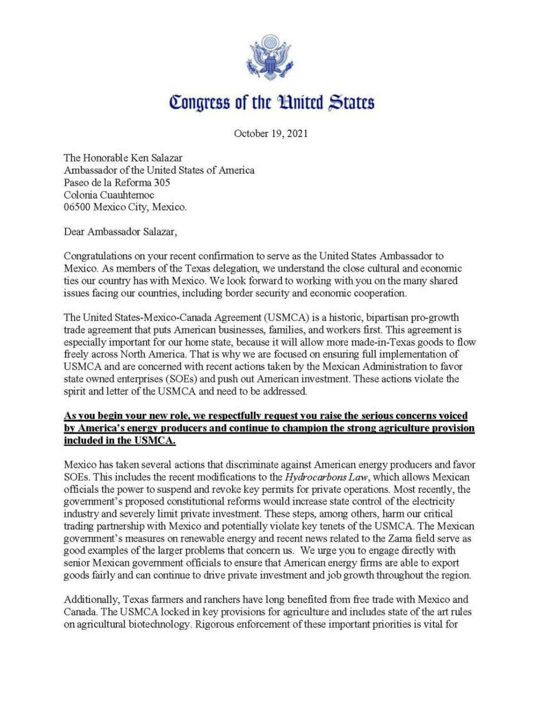 Congresistas estadounidenses enviaron una carta al embajador Ken Salazar en la que manifiestan preocupación por la reforma eléctrica que impulsa el presidente López Obrador,