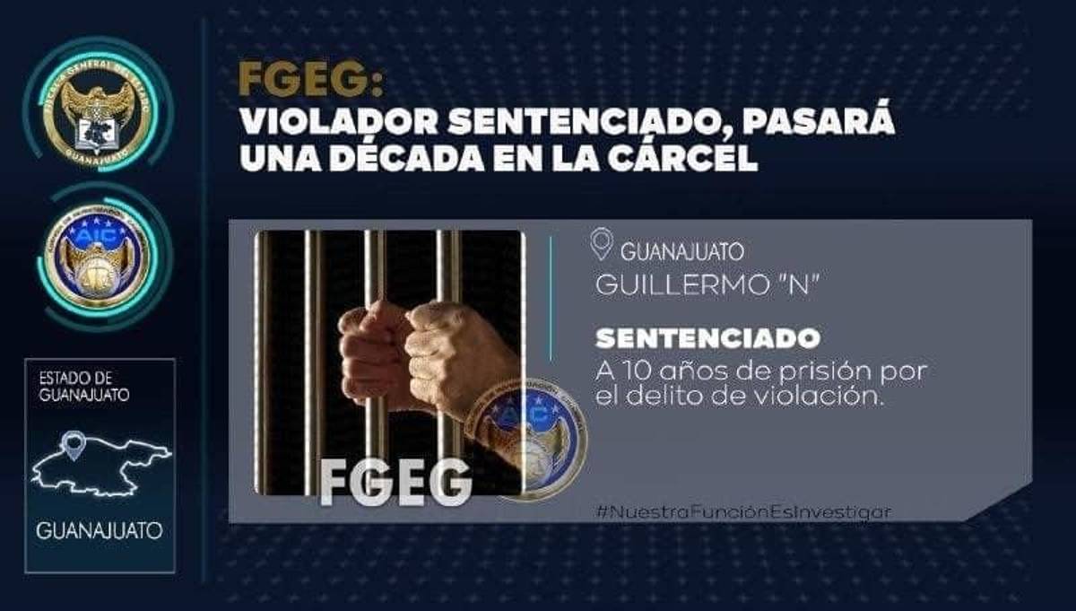 Luego de casi 2 años de proceso y con las pruebas aportadas por la Fiscalía General del Estado (FGE) se logró una sentencia de 10 años de prisión para Guillermo "N", ex estudiante de la Universidad de Guanajuato, por el delito de violación