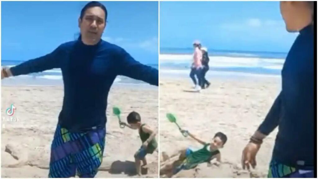 En redes sociales se hizo viral el video de un niño que destruye un cocodrilo de arena en Playa Miramar mientras el artista invita a la gente en un video a tomarse una foto con su obra.