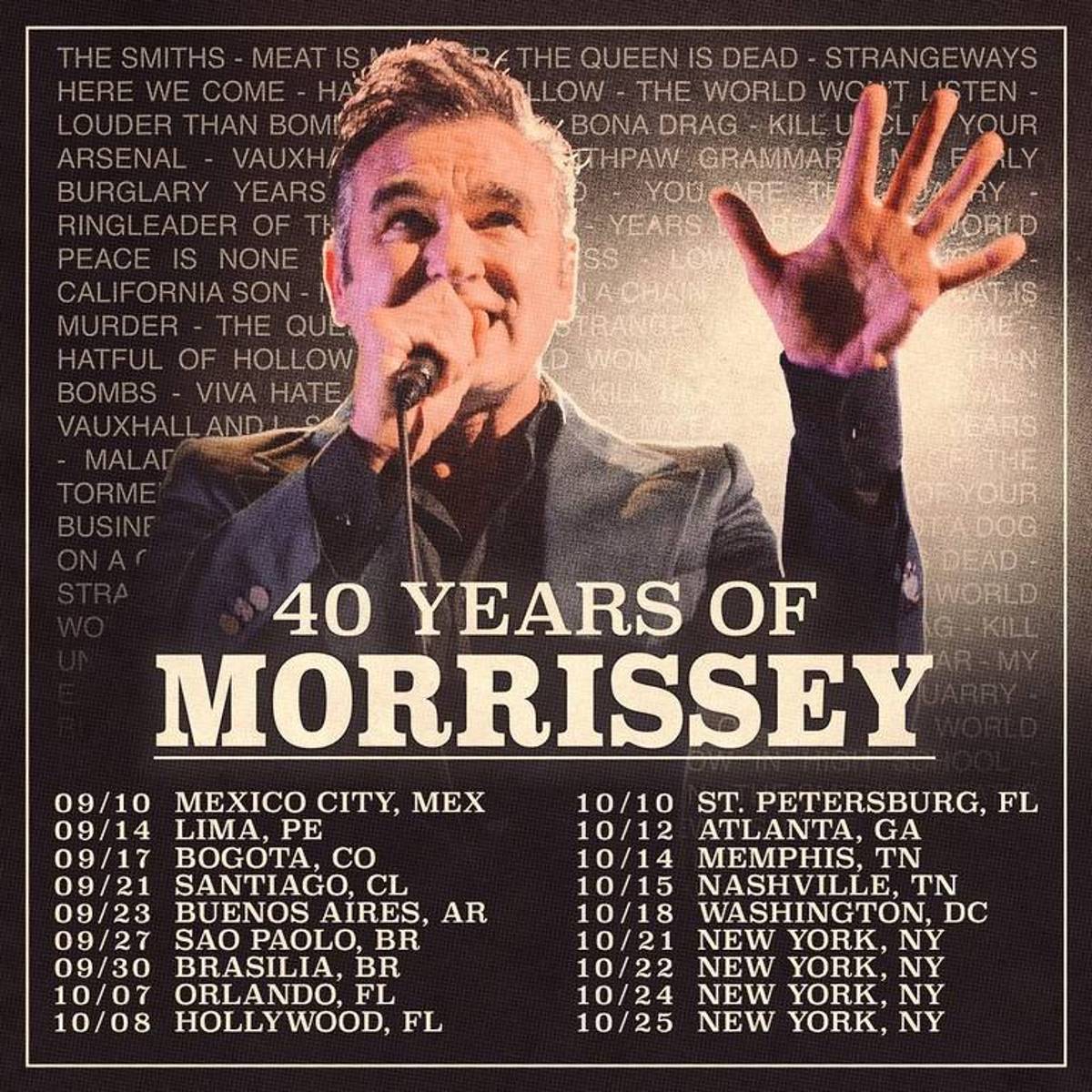 Morrissey, el vocalista de The Smiths, dara show en México el 10 de septiembre de 2023 en el Palacio de los Deportes.