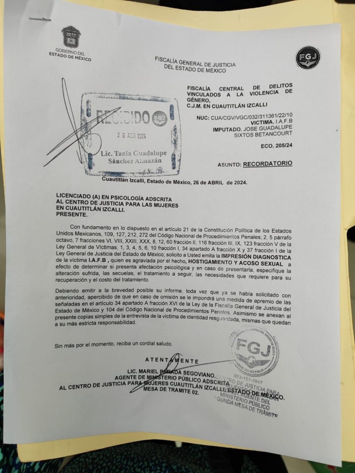 Una funcionaria del ayuntamiento de Cuautitlán denunció ante el alcalde Aldo Ledezma y su cabildo haber sufrido de acoso sexual por el contralor municipal, José Guadalupe Sixtos Betancourt.